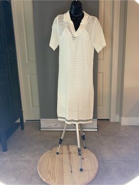bobeau Cream Knit Polo Dress with Black Trim